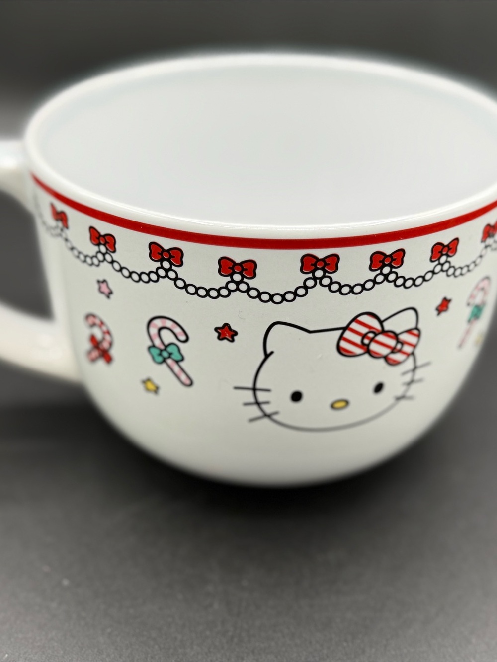 Hello Kitty White Ceramic Mug with Black Logo and Red Bow Accent